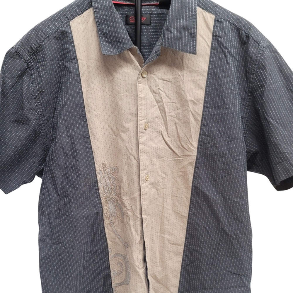 Contigo Mens Button Up‎ Shirt Large Black Tan Pinstripe Embroidered Panel